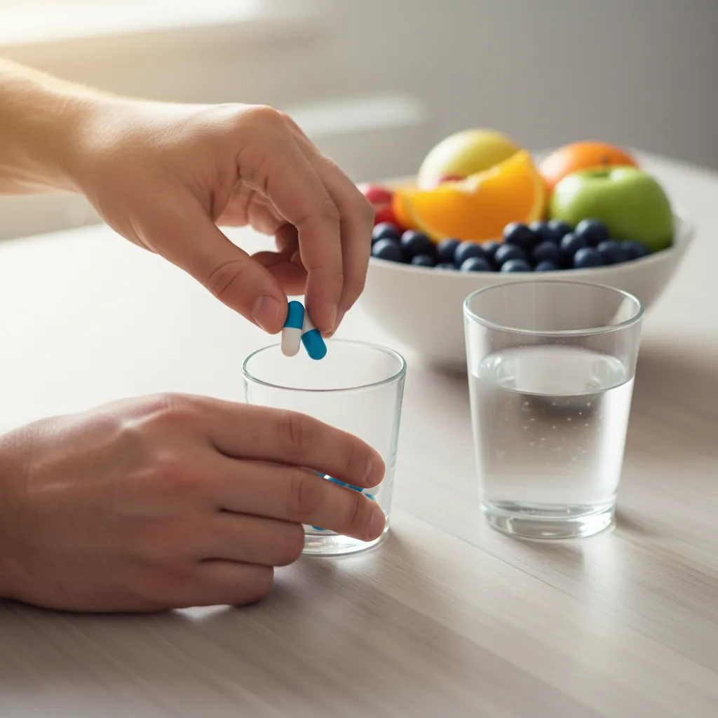 Händer placerar kapslar i glas på frukostbord - daglig rutin kosttillskott